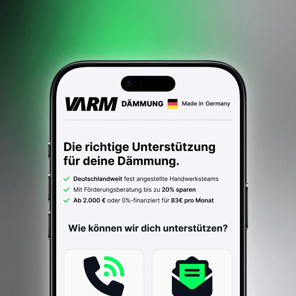 VARM Dämmung Smartphone, nachhaltige Dämmstofflösung, Made in Germany, energieeffiziente Gebäudedämmung.